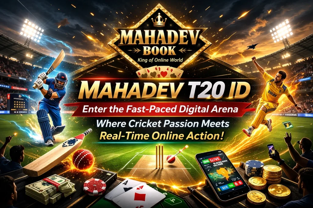 Mahadev T20 ID digital cricket arena banner showing real-time online cricket action