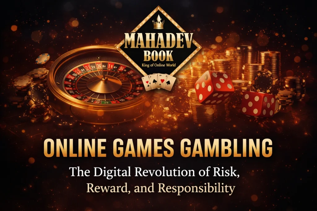 Online Games Gambling promotional banner featuring Mahadev Book logo with casino roulette, dice, poker chips, and gold coins on dark background