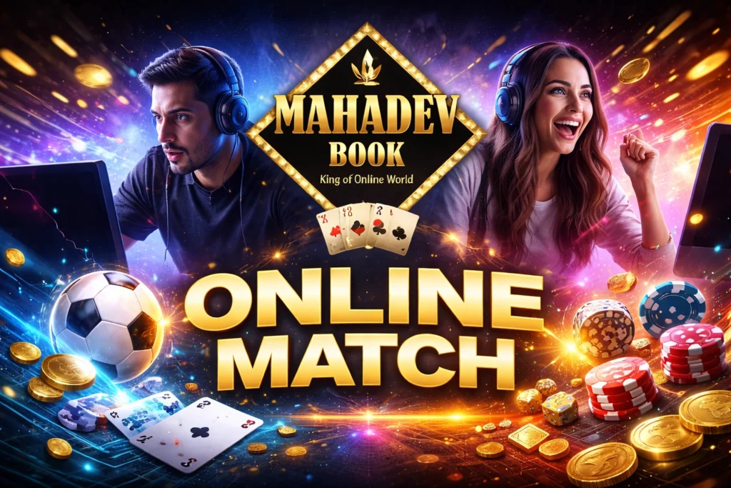 Online match gaming banner with Mahadev Book logo, players competing on computers with cards, chips, and digital gaming effects