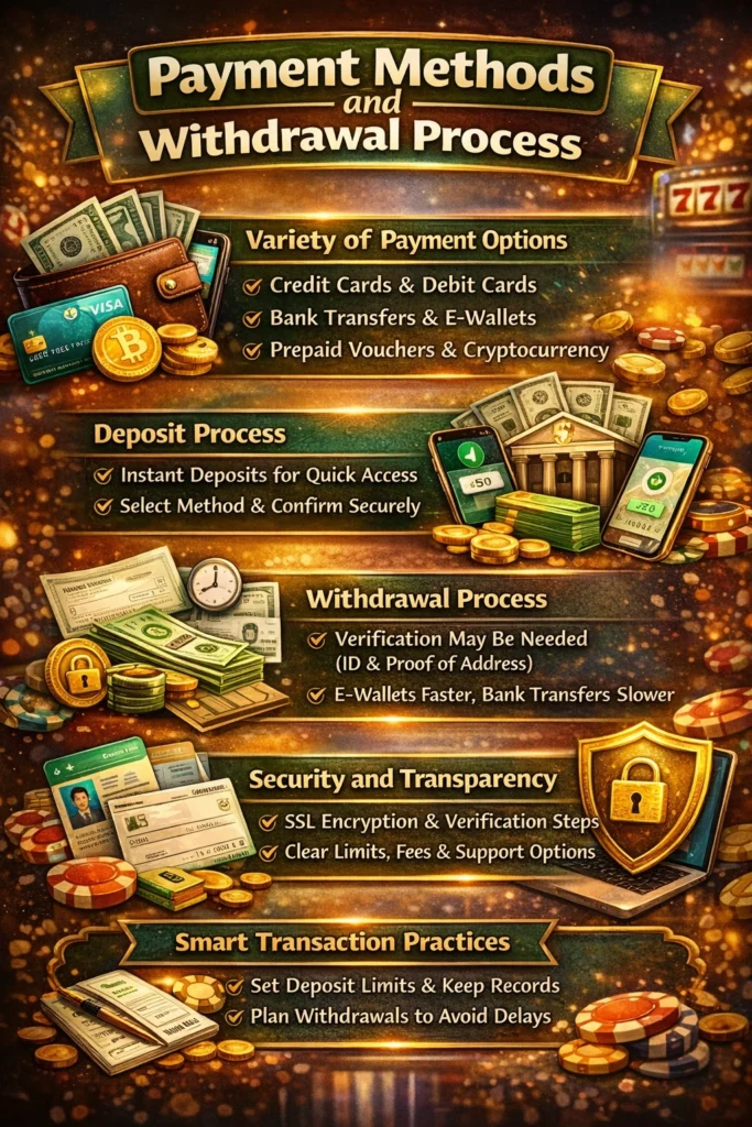 Payment methods and withdrawal process infographic showing credit cards, e-wallets, bank transfer, crypto payments and secure transaction steps.