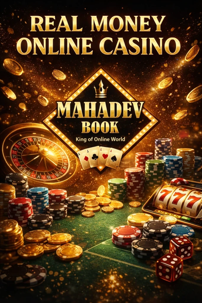 Real Money Online Casino Mahadev Book banner with poker chips, roulette wheel, slot machine and gold coins