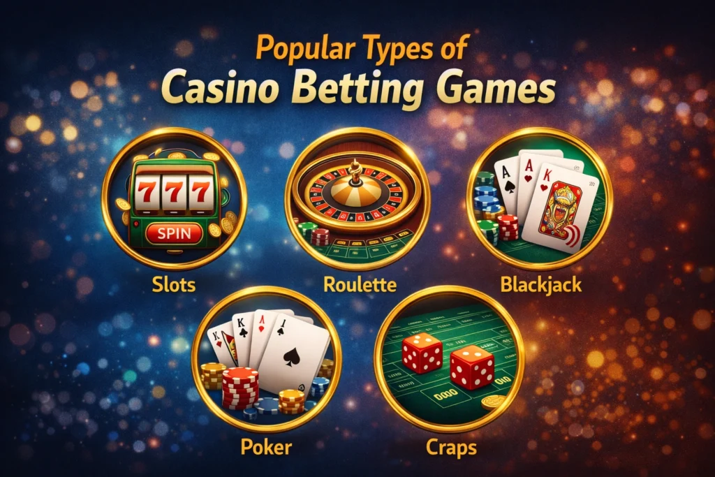 Popular casino betting games including slots, roulette, blackjack, poker and craps displayed with casino chips, cards and dice