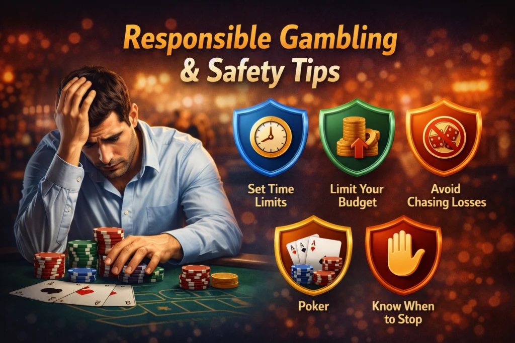 Responsible gambling and safety tips illustration showing casino player managing budget, setting time limits, and avoiding chasing losses at a casino table