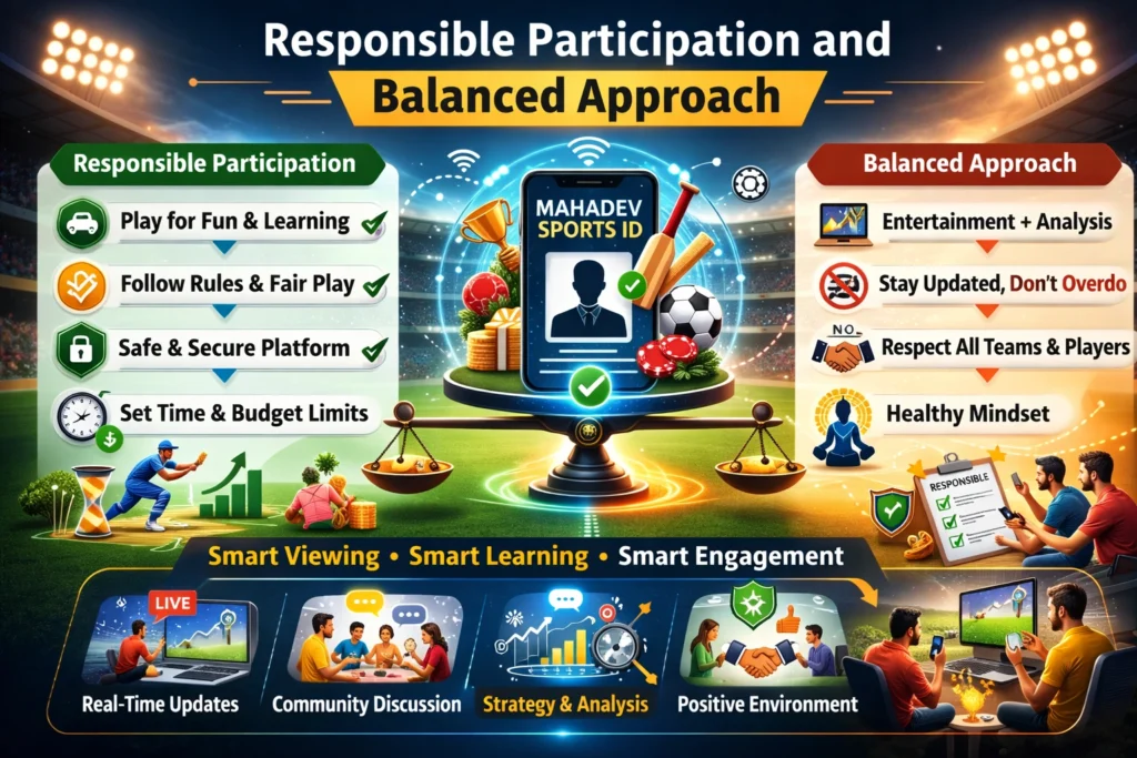Infographic showing responsible participation and balanced approach in Mahadev Sports ID with time management, fair play and healthy mindset