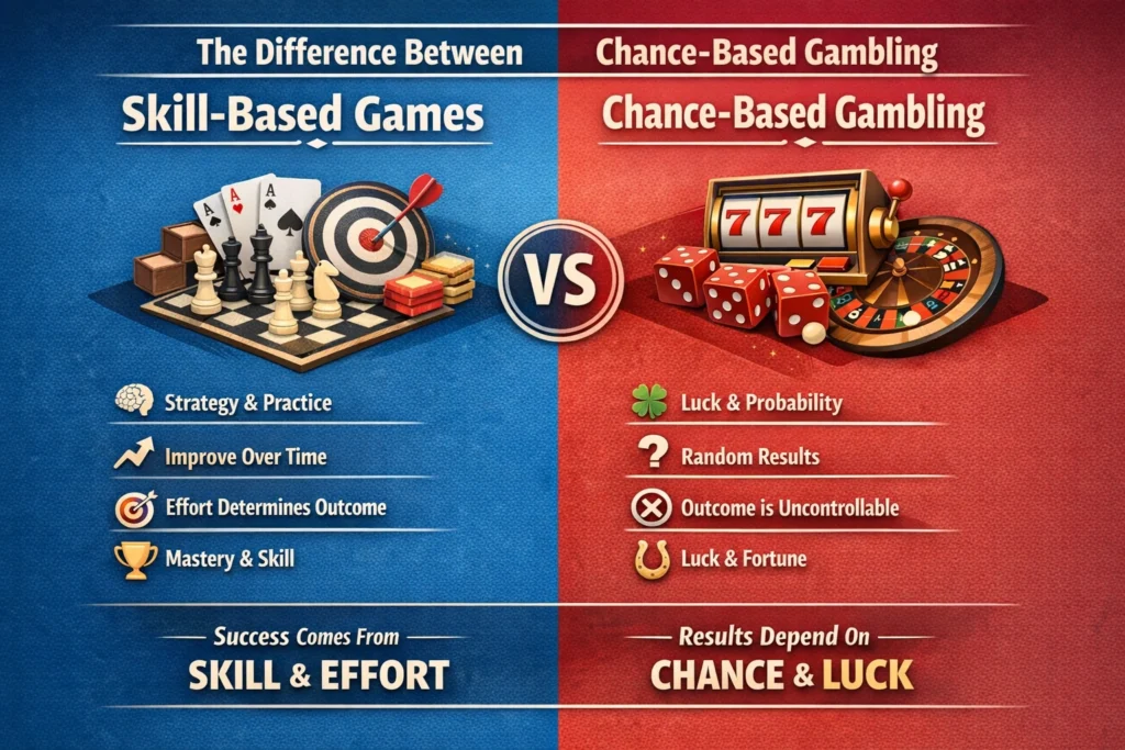 Difference between skill based games and chance based gambling infographic showing strategy vs luck outcomes