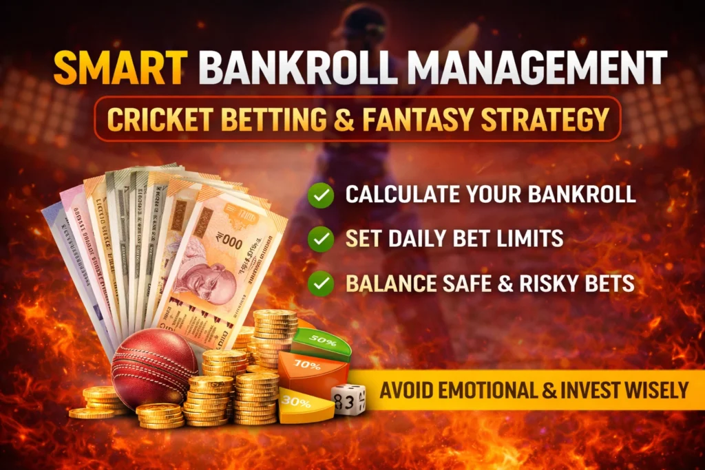 Smart bankroll management cricket betting and fantasy strategy banner showing money management tips for cricket predictions