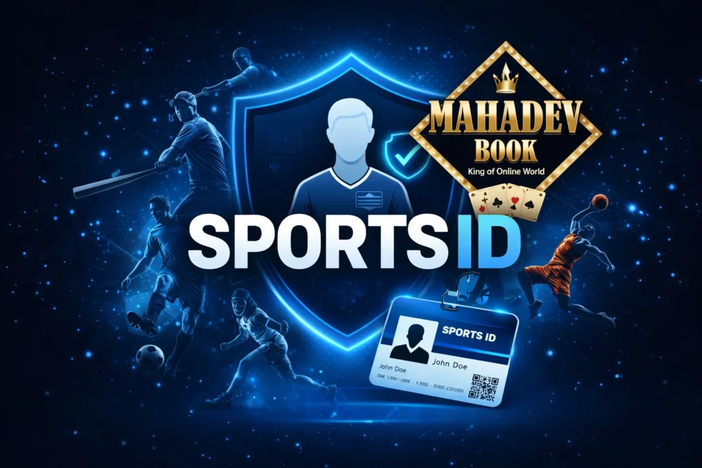 Sports ID digital athlete identification system with Mahadev Book logo, player verification shield and smart ID card design