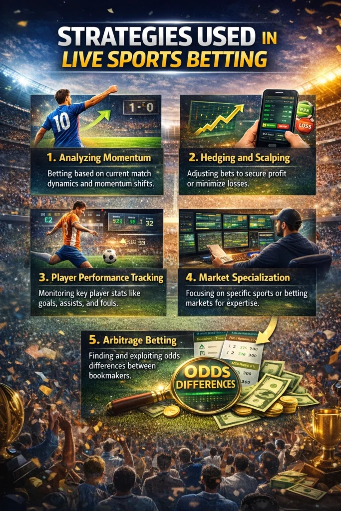 Infographic showing strategies used in live sports betting including momentum analysis, hedging, player performance tracking, market specialization, and arbitrage betting