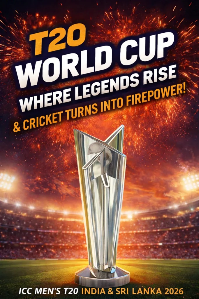 T20 World Cup 2026 trophy banner with stadium fireworks, cricket championship poster for India and Sri Lanka tournament