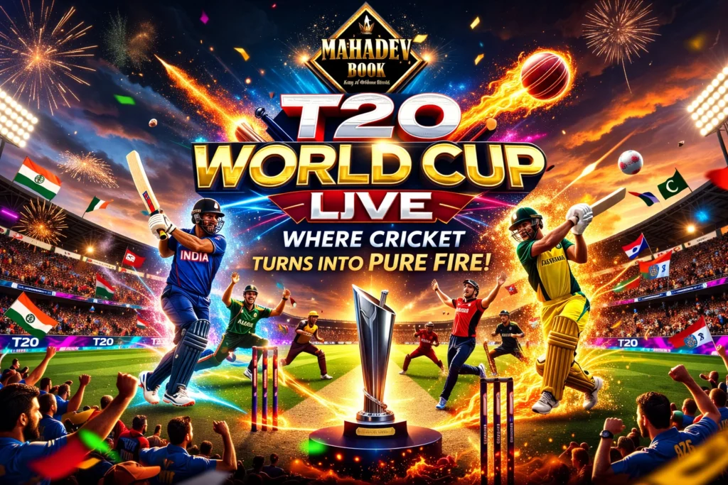 T20 World Cup Live poster with Mahadev Book logo, fiery cricket stadium, players in action, and championship trophy under fireworks.