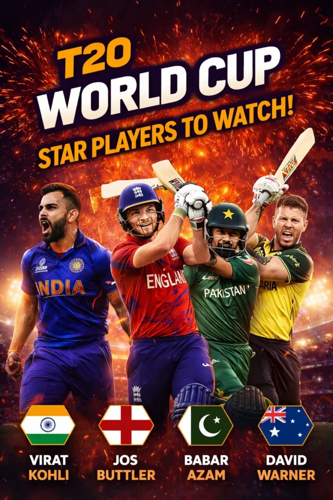 Star players of the ICC Men's T20 World Cup including Virat Kohli, Jos Buttler, Babar Azam and David Warner in action with stadium fireworks background