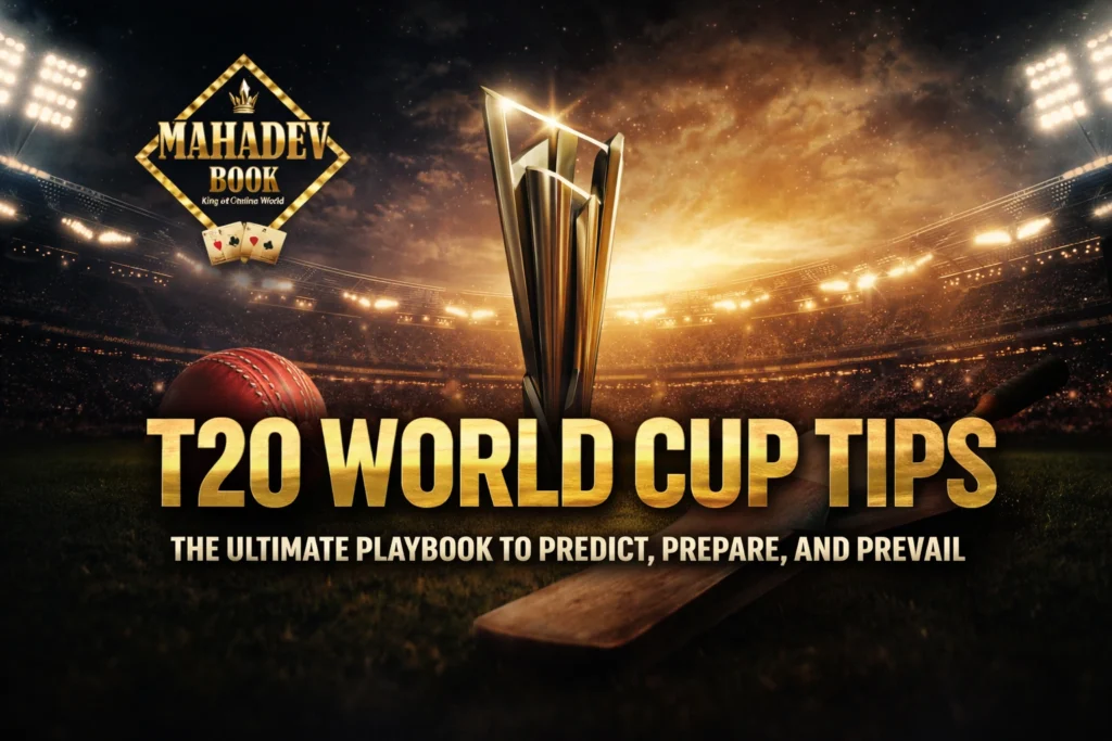 T20 World Cup Tips promotional banner with Mahadev Book logo, golden trophy, cricket bat and ball in stadium background
