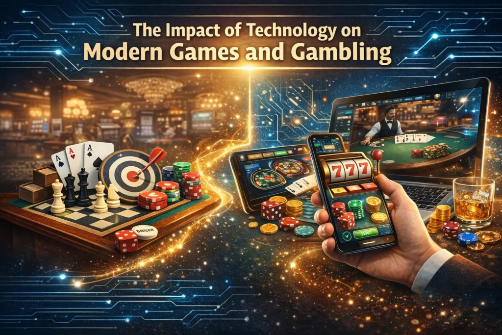Impact of technology on modern games and gambling showing online casino gaming on mobile and laptop devices