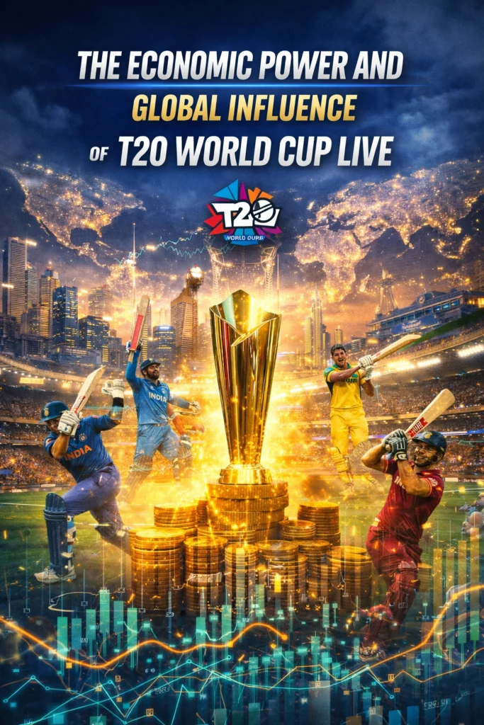 The Economic Power and Global Influence of T20 World Cup Live image featuring cricket trophy on gold coins, global skyline, financial charts, and international players in action.
