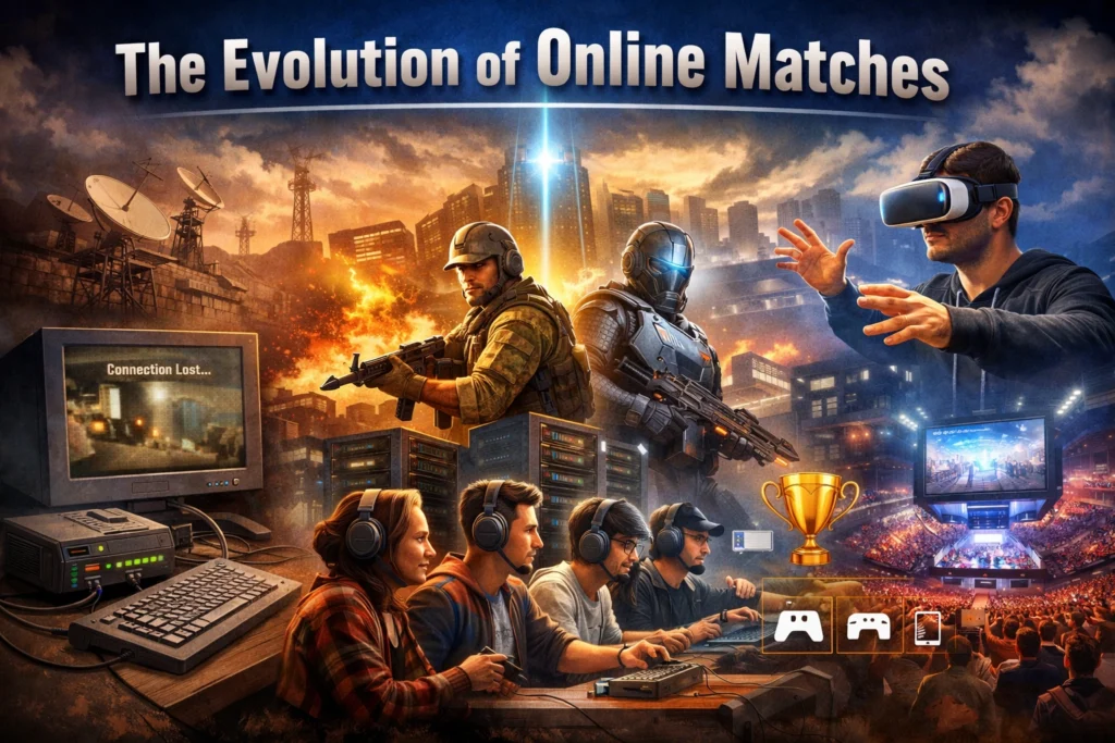 The evolution of online matches showing retro dial up gaming, modern multiplayer competition, and future VR esports gameplay