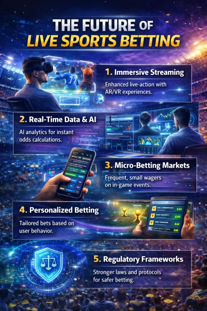 Infographic about the future of live sports betting featuring AI analytics, immersive streaming, micro-betting markets, personalized betting, and regulatory frameworks