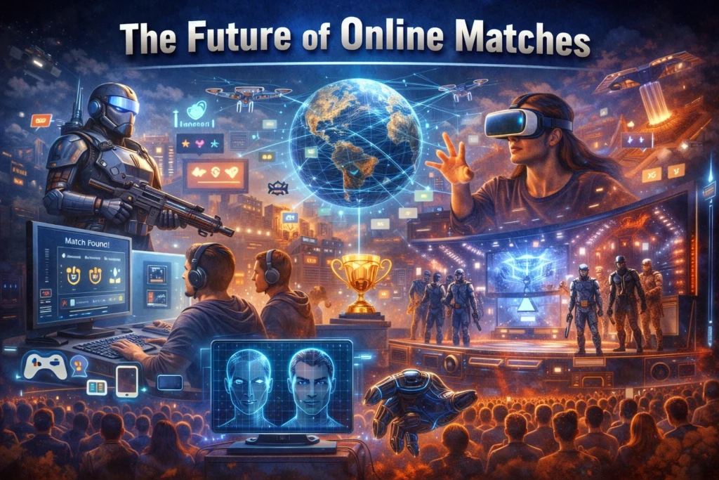 The future of online matches showing virtual reality gameplay, advanced gaming technology, and immersive multiplayer competition