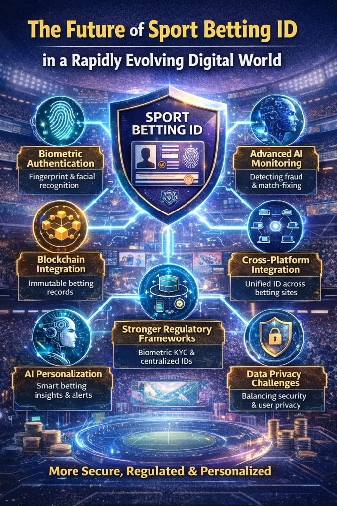 Futuristic illustration showing the future of Sport Betting ID with AI, biometric security, and blockchain technology elements.