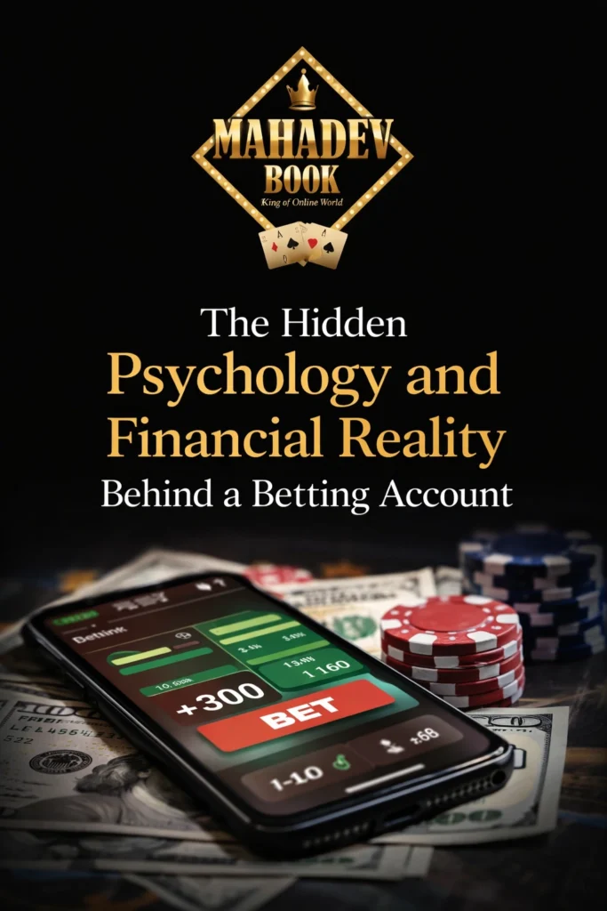 Mahadev Book logo above a betting account concept showing smartphone with betting app, poker chips, and cash representing psychology and financial reality of online betting.