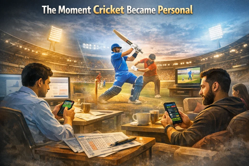 The Moment Cricket Became Personal showing fans following match with Cricket Book ID on smartphones in stadium and home