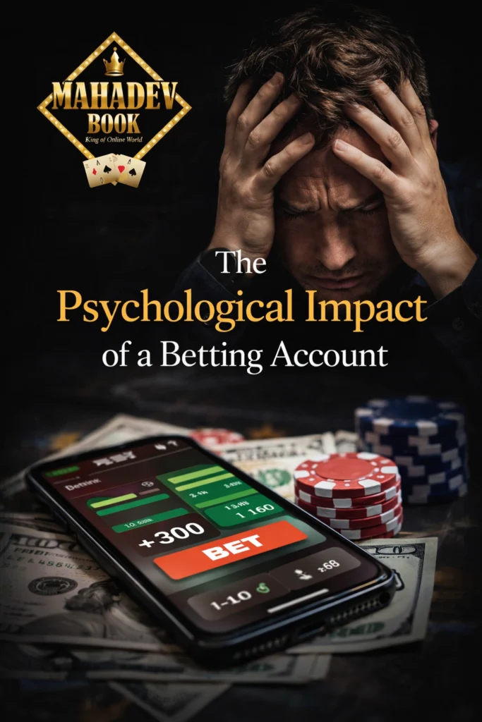 Mahadev Book image showing psychological impact of a betting account with stressed bettor silhouette, betting app on smartphone, and dark emotional background.