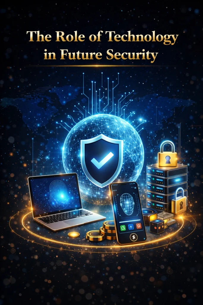 The Role of Technology in Future Security illustration featuring digital shield, biometric verification, secure servers, and encrypted online betting system