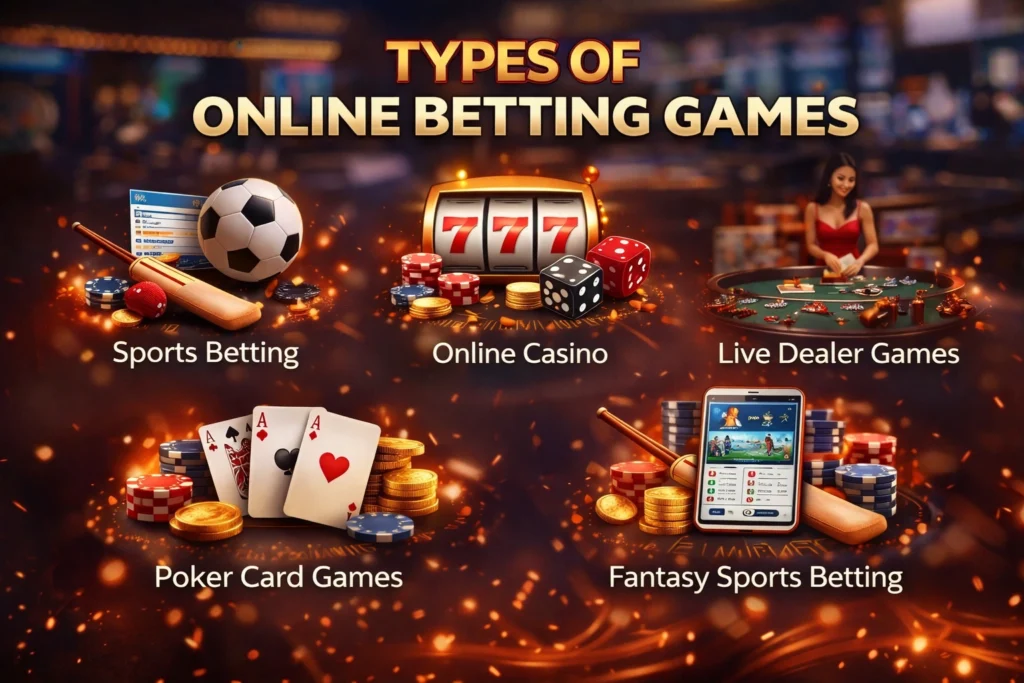 Types of online betting games banner showing sports betting, online casino slots, live dealer table, poker cards, and fantasy sports betting apps