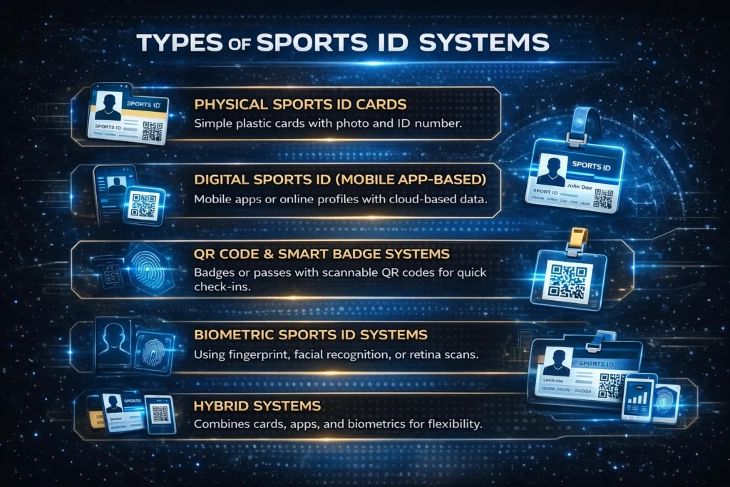 Types of Sports ID systems infographic showing physical cards, digital mobile ID, QR badge, biometric and hybrid athlete identification methods