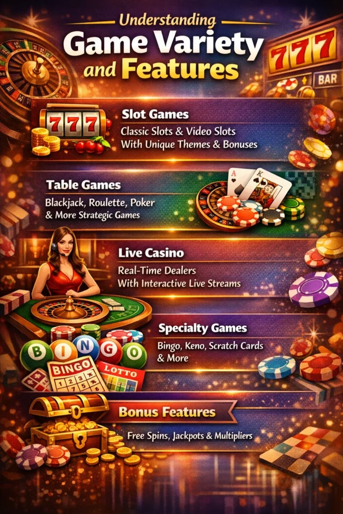 Understanding game variety and features infographic showing slot games, table games, live casino, specialty games and bonus features.