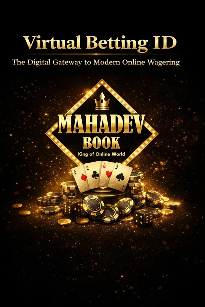 Virtual Betting ID promotional banner featuring Mahadev Book logo with gold casino chips, playing cards, dice, and luxury dark background design