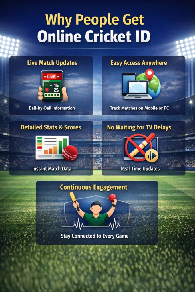 Why people get online cricket ID infographic showing benefits and live match engagement
