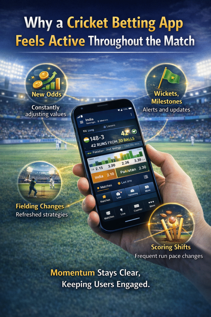 Smartphone showing live cricket betting app with changing odds and match updates during play