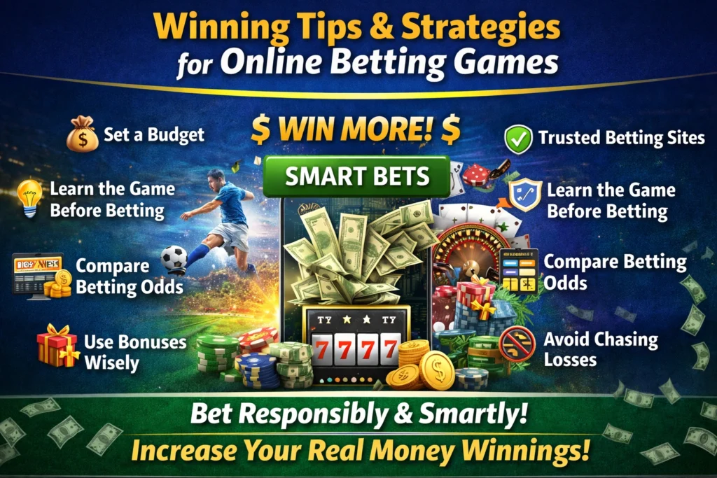 Winning tips and strategies for online betting games banner showing sports betting, casino chips, poker cards, betting app and real money gambling platform