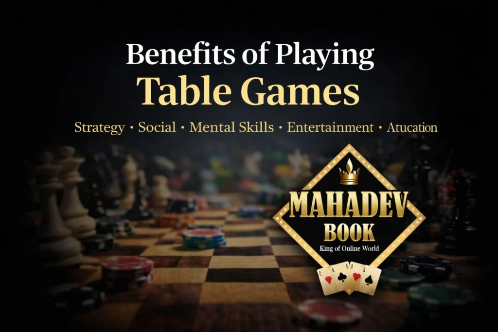 Benefits of playing table games including strategy thinking social interaction and fun with Mahadev Book logo