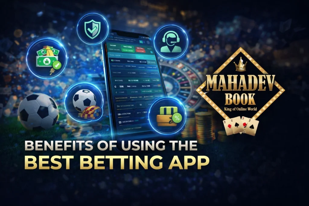 Benefits of using the best betting app with Mahadev Book logo showing secure payments, bonuses, live betting and mobile sportsbook features