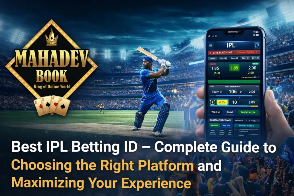 Best IPL Betting ID Mahadev Book banner with cricket match, live betting odds and IPL stadium background