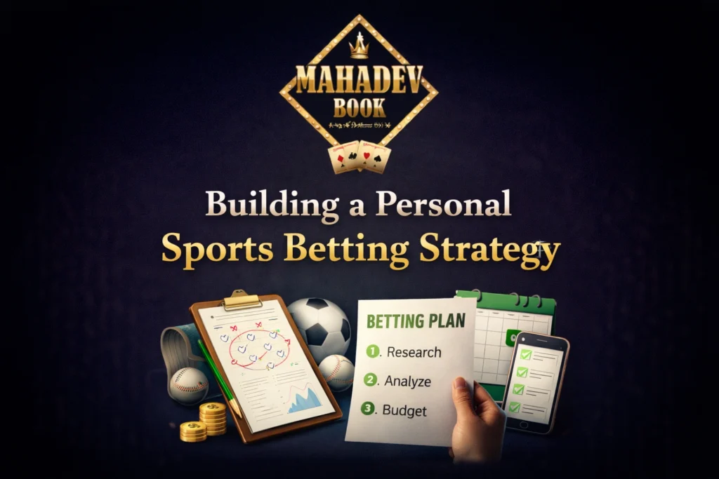 Building a personal sports betting strategy with Mahadev Book logo showing betting analysis, planning, and strategy development