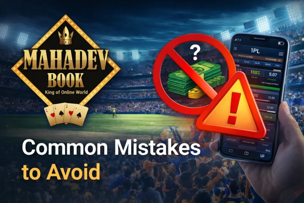 Common mistakes to avoid in IPL betting with Mahadev Book banner showing warning signs and betting app