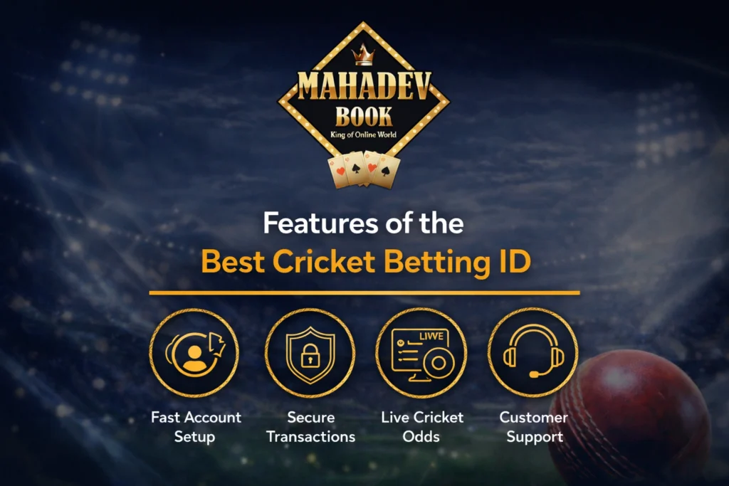 Features of the best cricket betting ID with Mahadev Book logo including fast account setup, secure transactions, live cricket odds, and customer support.