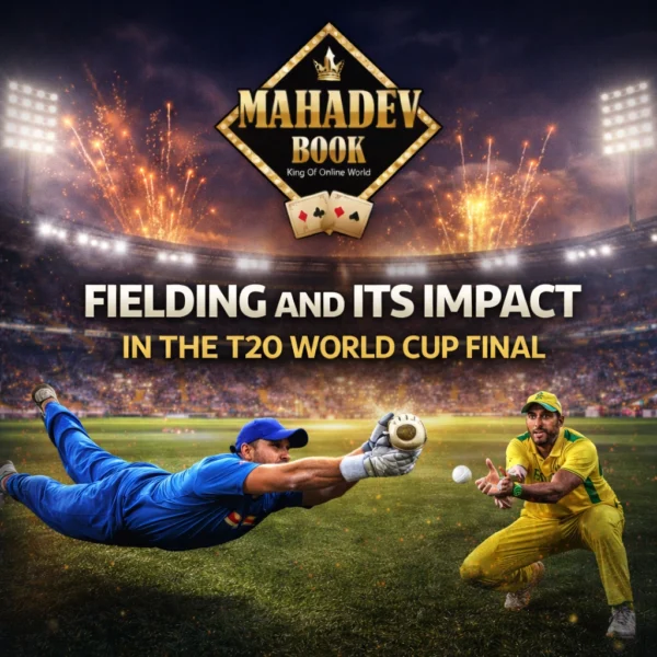 Fielding and its impact in the T20 World Cup Final with diving catch in cricket stadium and Mahadev Book logo