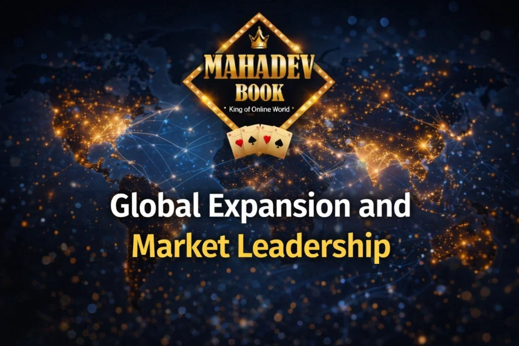 Global Expansion and Market Leadership of the No.1 Sports Betting Platform featuring Mahadev Book logo with global network digital background