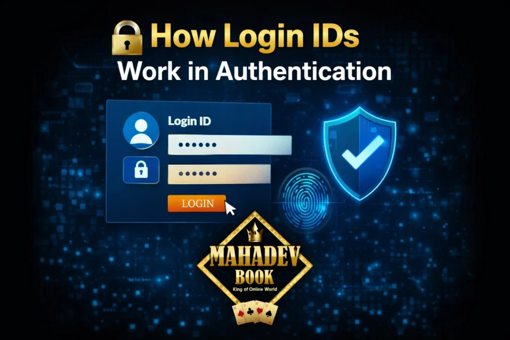 How Login IDs Work in Authentication showing secure login system with Mahadev Book logo and digital identity verification concept