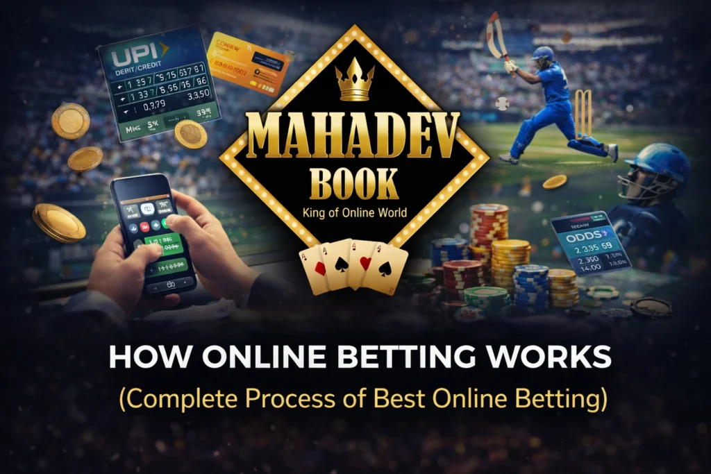 How online betting works complete process with Mahadev Book logo showing betting steps and system