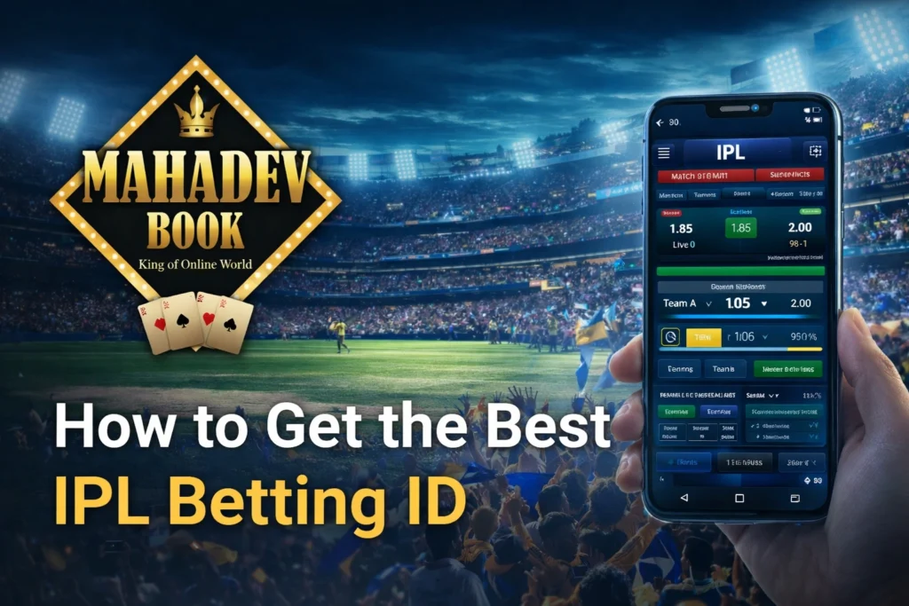 How to get Best IPL Betting ID Mahadev Book banner with mobile betting app and IPL cricket background