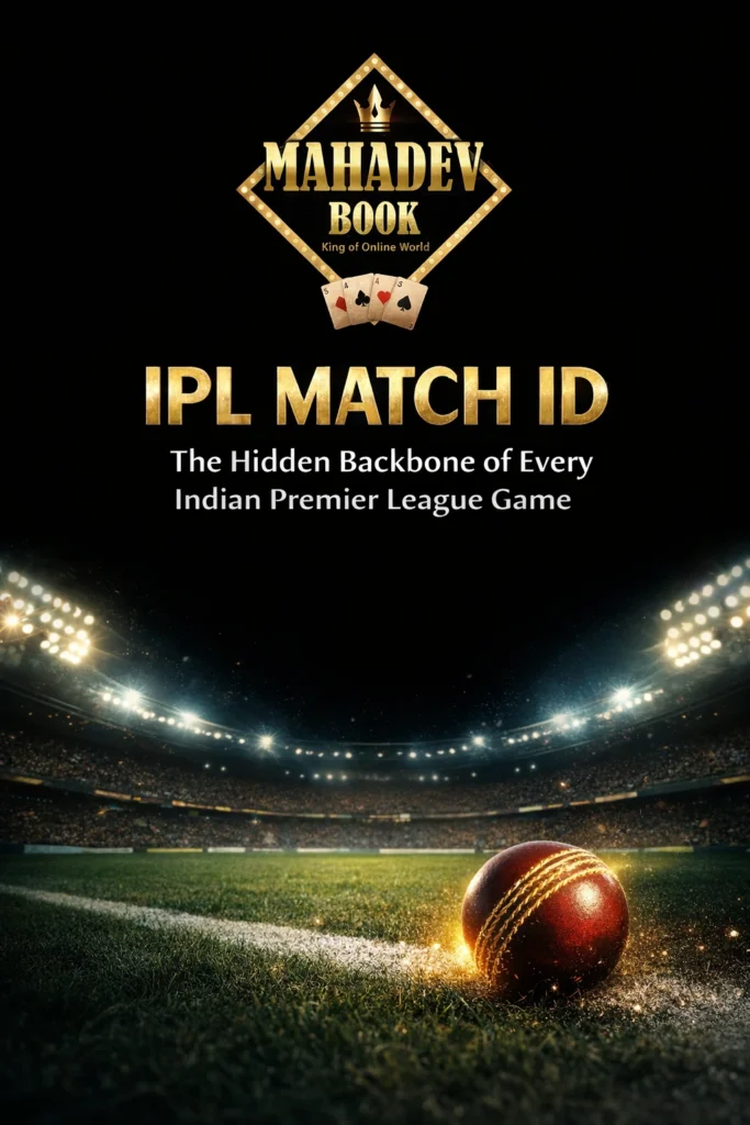 IPL Match ID concept with Mahadev Book logo and cricket stadium background
