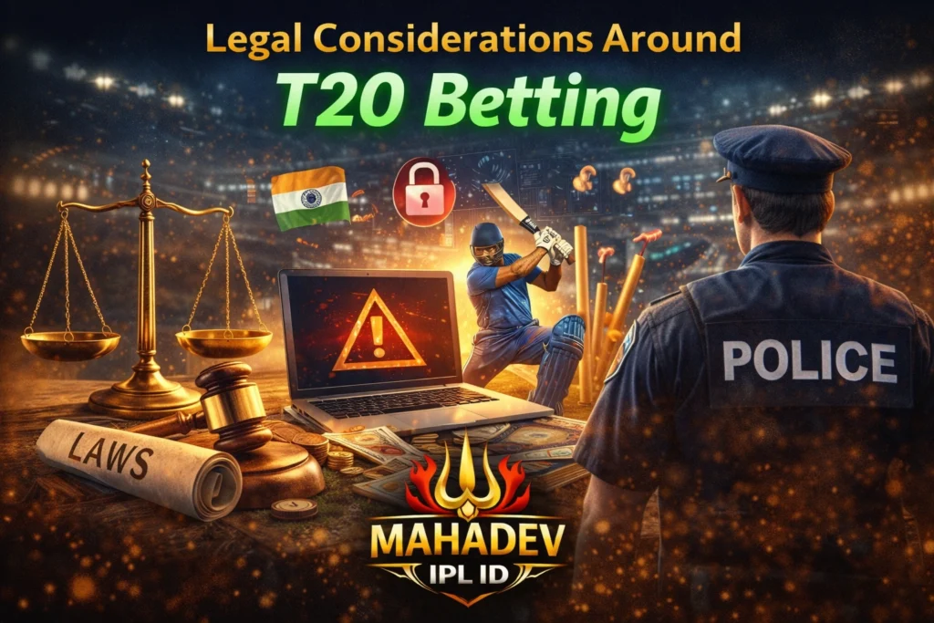 Legal considerations of T20 betting showing law concept with cricket betting platform and regulations