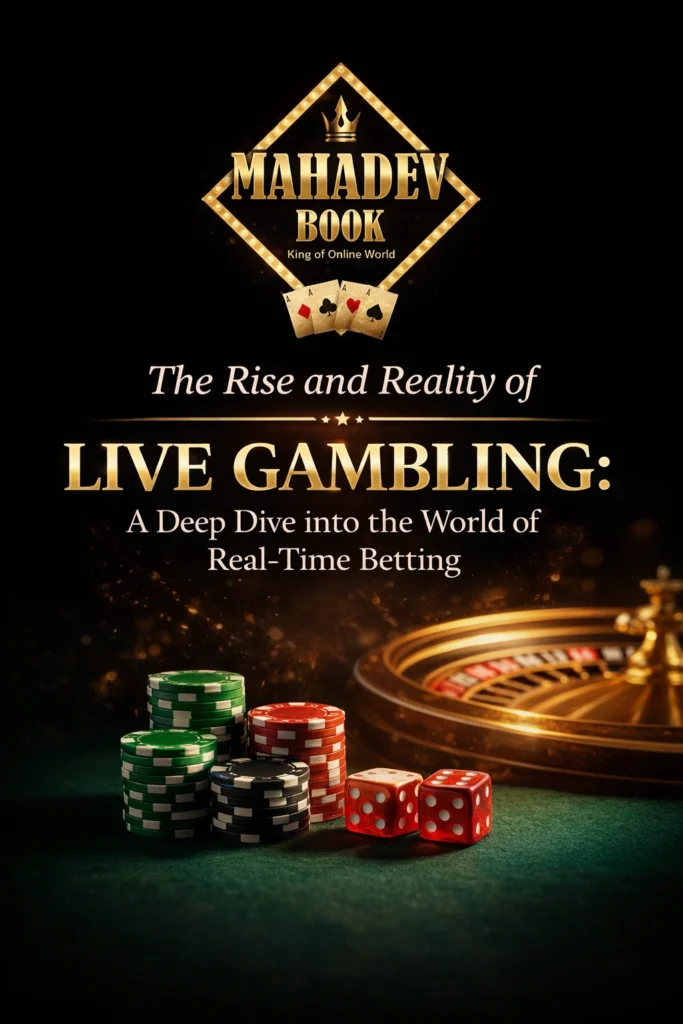 Mahadev Book live gambling illustration showing casino chips, dice, and roulette wheel representing real time betting experience