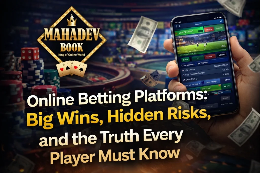 Online Betting Platforms Big Wins Hidden Risks banner with Mahadev Book logo and live sports betting mobile interface