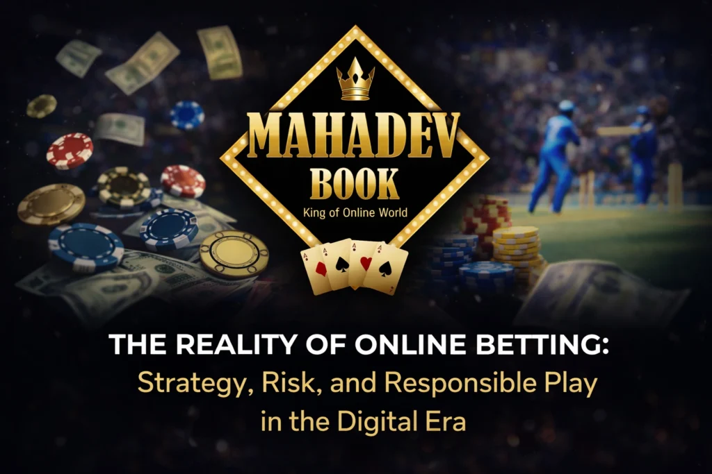 Best online betting strategy, risk management and responsible play concept with Mahadev Book logo