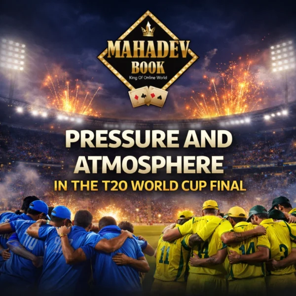 Pressure and atmosphere in the T20 World Cup Final night match with Mahadev Book logo